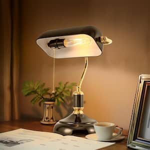 15 in. Black Glass Task and Reading Lamp with Gold Trim and Pull Chain Switch Adjustable Desk Light for Office Library