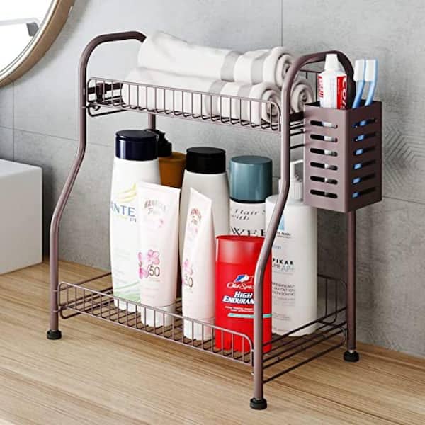 Dyiom Bathroom Organizer with Basket, 2-Tier Bathroom Countertop Storage Shelf, Bathroom Counter Organizer, White