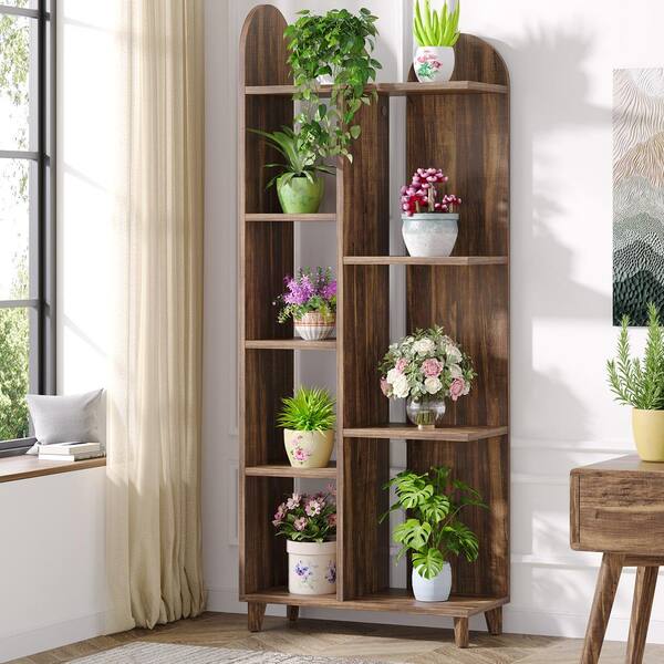 BYBLIGHT Wellston 62.99 in. H Rustic Brown Wood Plant Stand, 7-Tier Tall Plant Shelf Flower Stand Tall Potted Plant