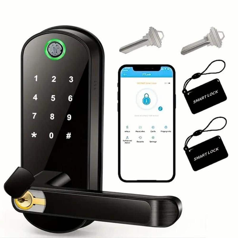 5-In-1 Corded Aluminum Smart Door Lock with Fingerprint Digital, App Control, No Deadbolt Included
