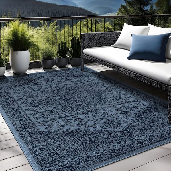 Athena Navy 5 ft. x 7 ft. Rubber Back Washable Oriental Border Indoor Outdoor Patio Area Rug