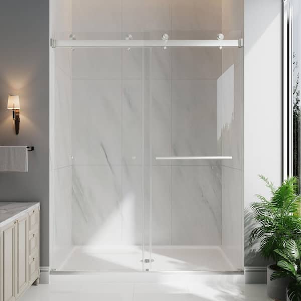 55-60 in. W x 76 in. H Double Sliding Frameless Shower Door in Brushed Nickel with Clear Glass