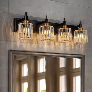 Orillia 27.6 in. 4-Light Modern Black Gold Bathroom Vanity Light with Round Crystal Shades