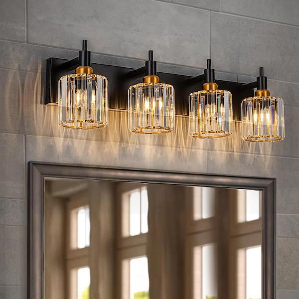 EDISLIVE Orillia 27.6 in. 4-Light Modern Black Gold Bathroom Vanity Light with Round Crystal Shades