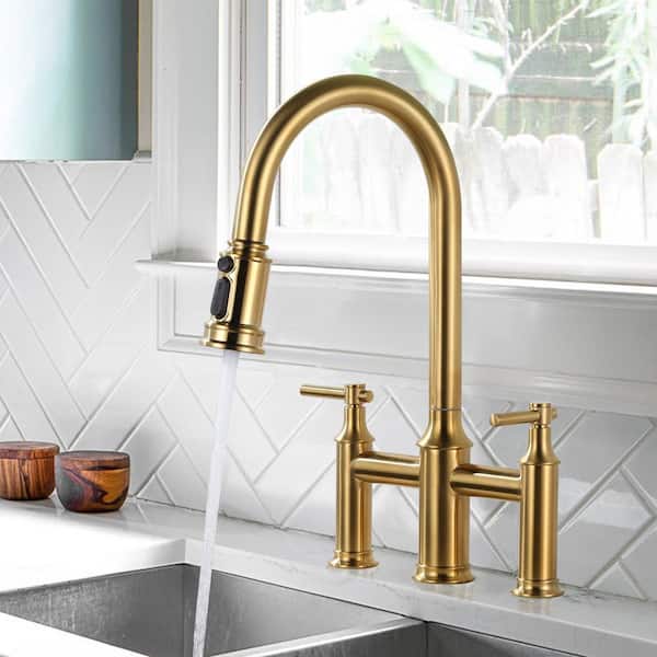 Double Handle Bridge Kitchen Faucet with 3-Spray Patterns and 360 Degrees Rotation Spout in Gold