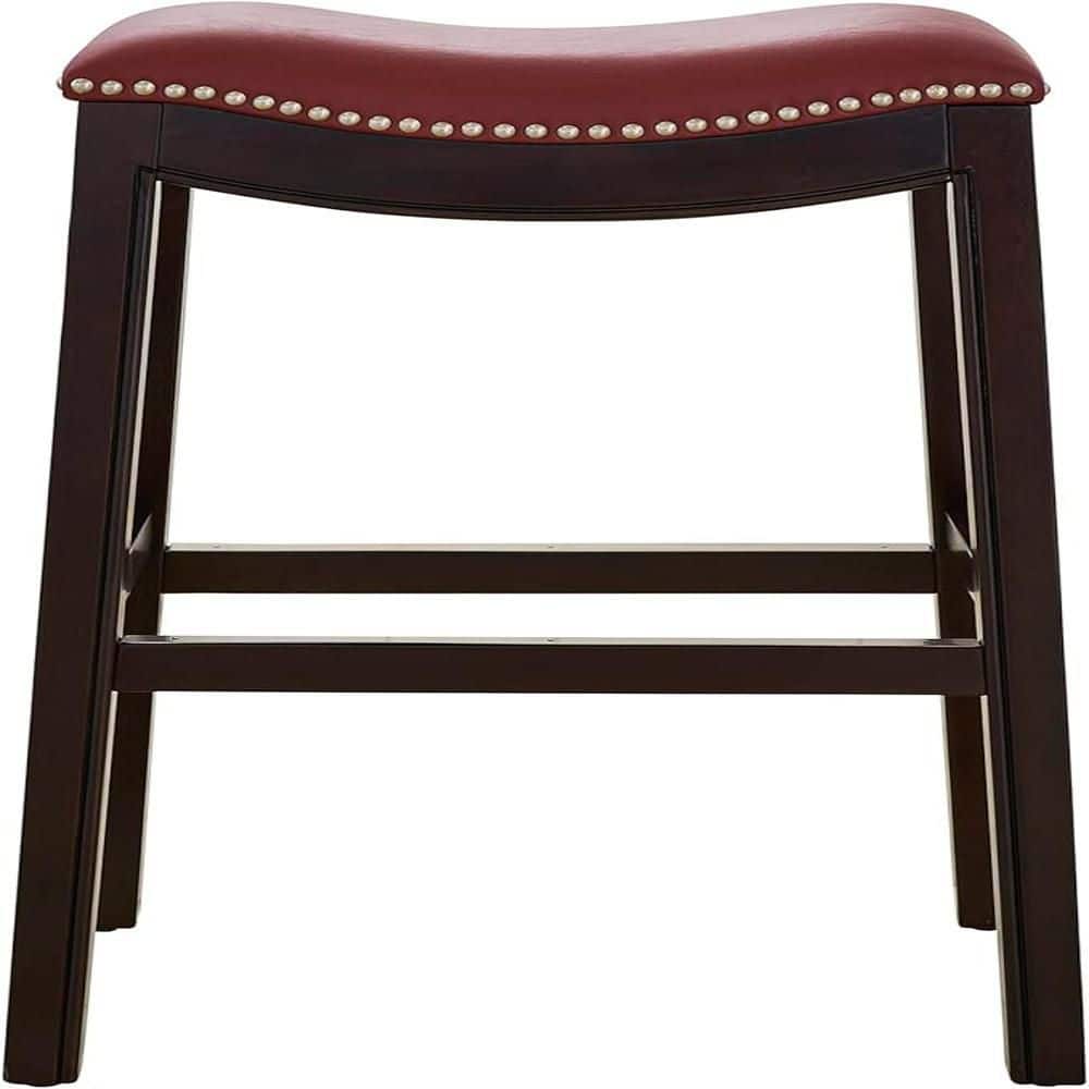 Espresso Wood and Red Faux Leather Saddle Barstool