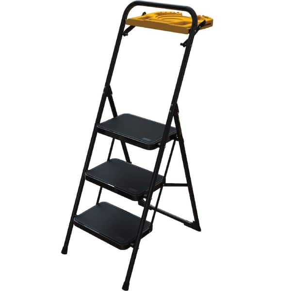 MetalTech 9 ft. Reach 3-Step Pro Steel Step Stool Type IA with Tool Tray, Compact Folding Step Stool for Home Improvement
