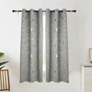 Silver Star Printed Gray 52 in. W x 96 in. L Blackout Curtain for Kids Room (2-Panels)