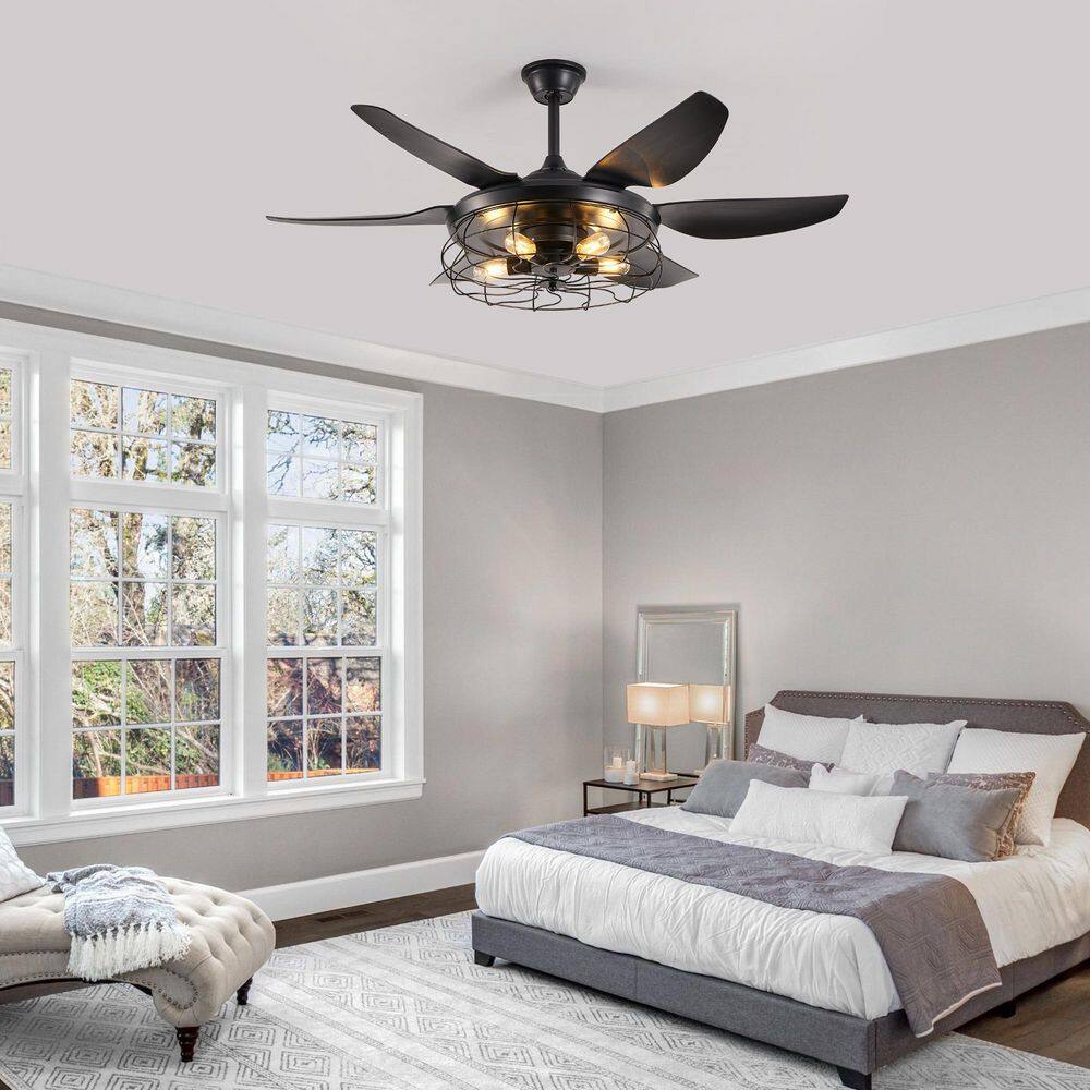 52 in. Modern Black Ceiling Fan with Light, 6 Blades, Industrial Cage, Silent 6-Speed, Reversible, Bulb Not Included price history on PriceWatchPro