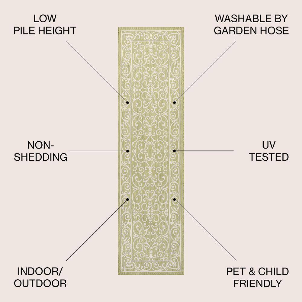 Charleston Green and Cream Filigree Indoor/Outdoor Runner Rug
