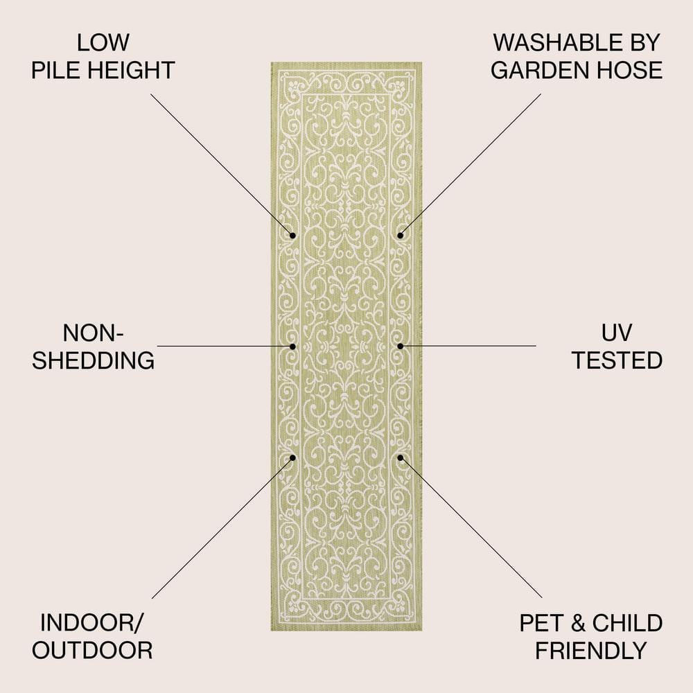 Green and Cream Synthetic Flat Woven Runner Rug