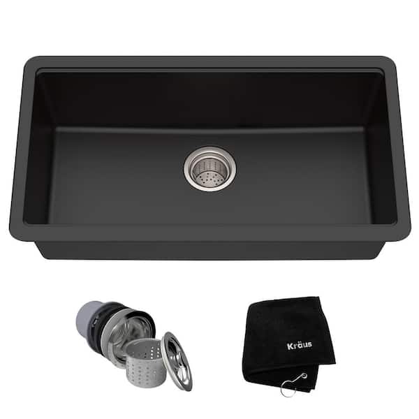 KRAUS Undermount Granite Composite 32 in. Single Basin Kitchen Sink Kit in Black