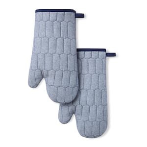 Honeycomb Quilted Chambray Navy Blue 7 in. x 13 in. Cotton Oven Mitt Set 2-Piece