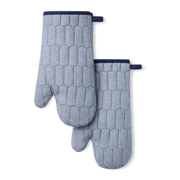 MARTHA STEWART Honeycomb Quilted Chambray Navy Blue 7 in. x 13 in. Cotton Oven Mitt Set 2-Piece