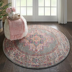 Passion Grey 4 ft. x 4 ft. Bordered Transitional Round Rug