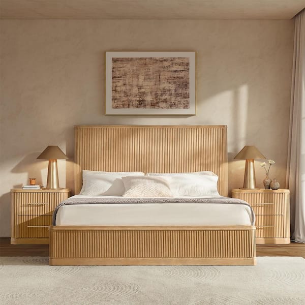 Eustacio Natural Solid Wood Frame Queen Platform Bed with Fluted Surface