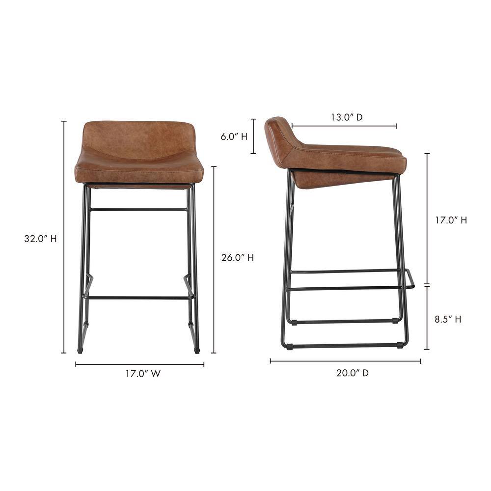 Cappuccino Leather Counter Stool with Iron Legs, Set of 2