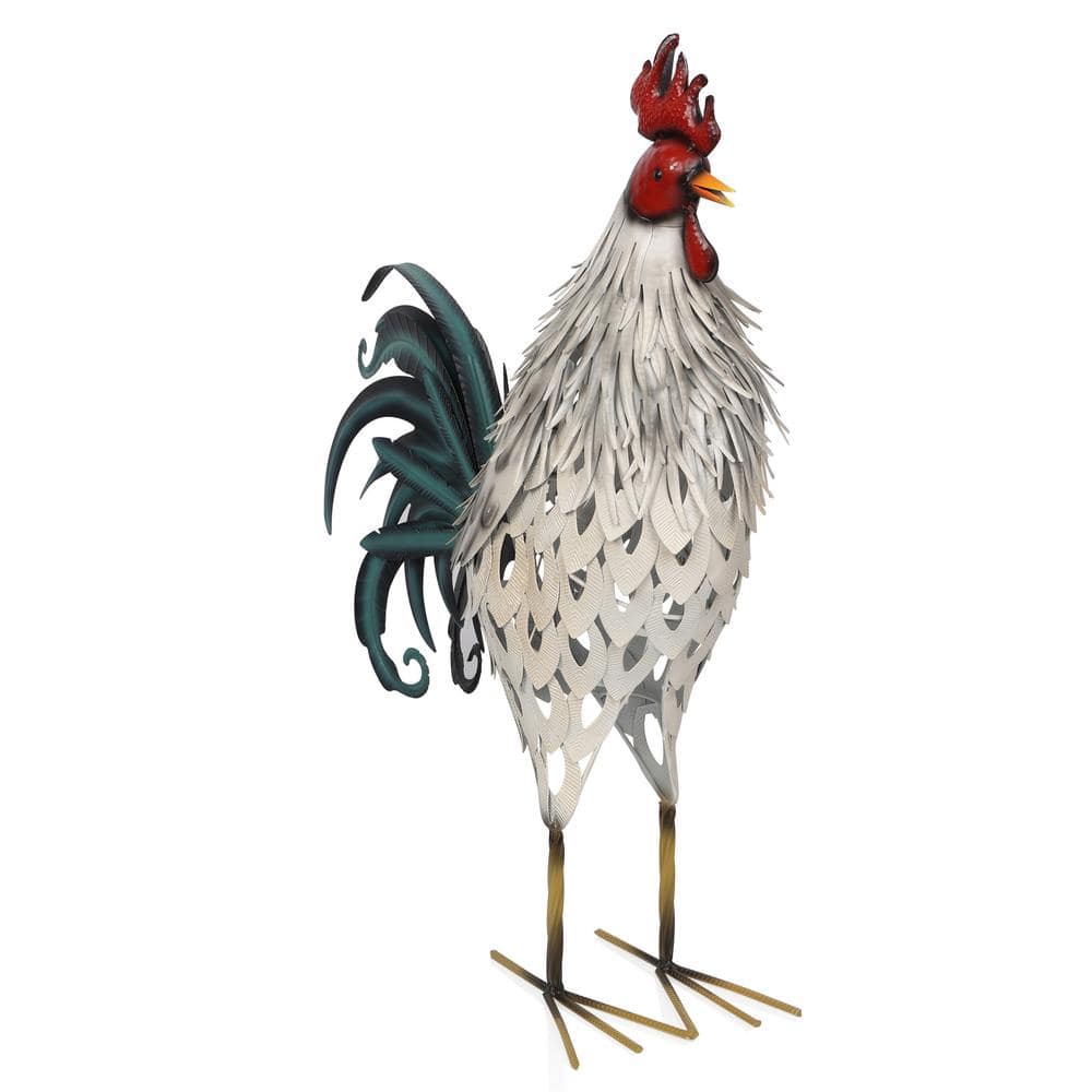 Lifelike White and Red Metal Rooster Garden Statue