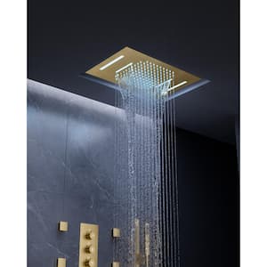 15-Spray 23 in. L x 15 in. W LED 2.5 GPM Flush Ceiling Mount Waterfall Fixed and Handheld Shower Head in Brushed Gold