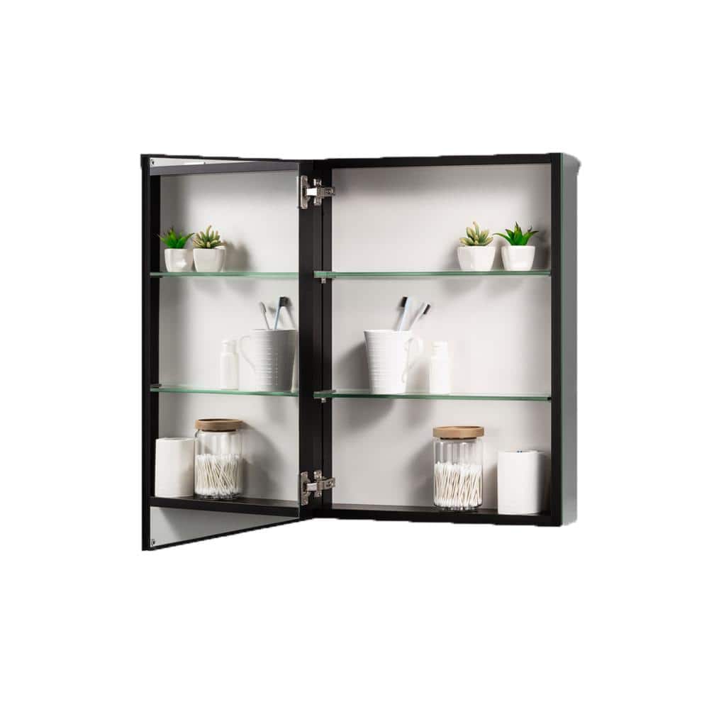 20 in. W x 26 in. H Rectangular Black Metal Framed Medicine Cabinet with Mirror and Adjustable Shelves, Left Open, Silver