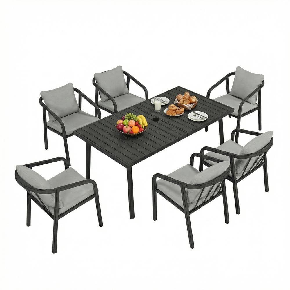 7-Pieces Aluminum Outdoor Dining Set with Gray Cushioned Dining Chairs and Patio Rectangular Table, Black