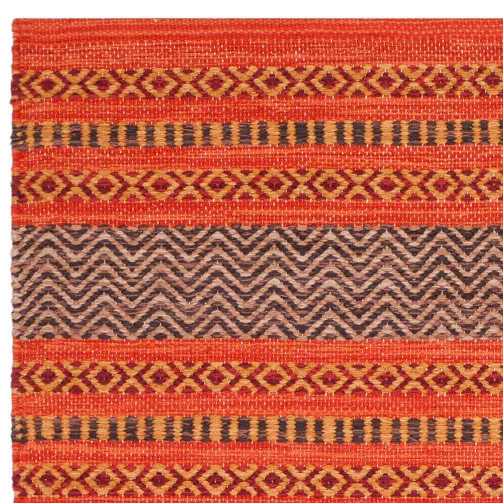 Burnt Orange and Red Handwoven Wool Cotton Striped Area Rug