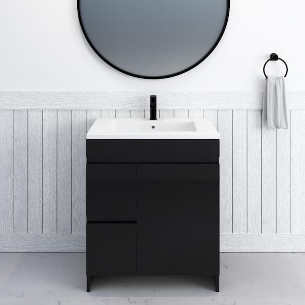 VOLPA USA AMERICAN CRAFTED VANITIES Mace 30 in. W x 20 in. D Single Sink Bathroom Vanity Left Side Drawers in Glossy Black Acrylic Integrated Countertop