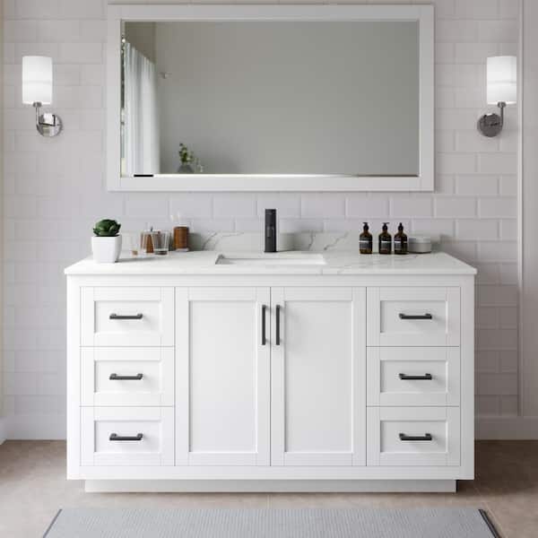 Wyndham Collection Miranda 66 in. W x 22 in. D x 33.75 in. H Single Bath Vanity in White with Giotto Quartz Top and 58 in. Mirror