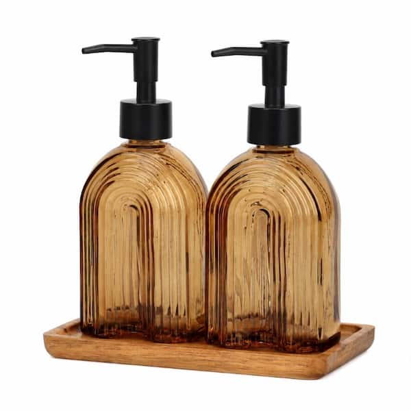 11.6oz Amber Glass Soap Dispenser Set with Wooden Tray, Refillable Lotion Dispenser for Bathroom Countertop