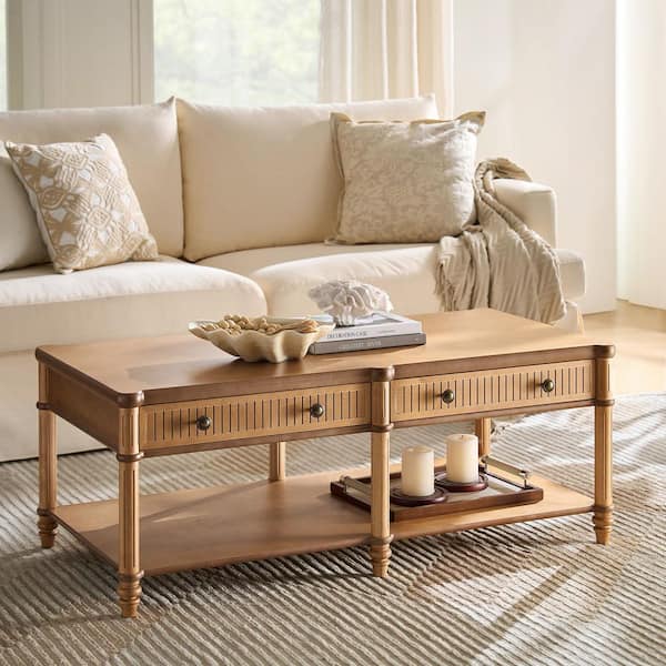 Roland 47 in. Teak Rectangular Wood Coffee Table with Solid Wood Drawers