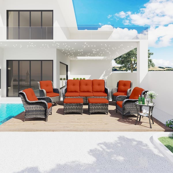 Gardenbee 8-Piece Wicker Outdoor Patio Conversation Sectional Set with Orange Cushions