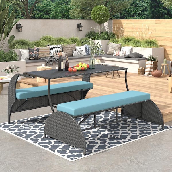 Unbranded Metal and Outdoor Patio Loveseat Space Saving 2-Person Bench Convertible to 4-Seats and Table with Blue Cushion