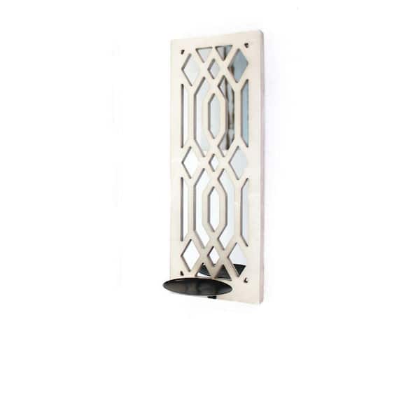 Benjara White Wooden Rectangular Frame Candle Holder with Lattice Design
