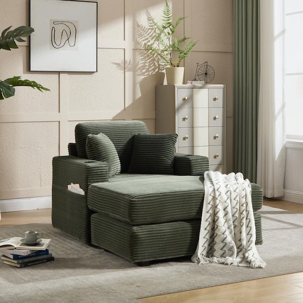 Corvire Modern Green Corduroy Upholstered Chaise Lounge 1-Seater Sofa with Pillows, Side Pocket and Cup Holders