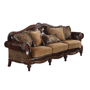 Dreena 37 in. W Rolled Arm Chenille Camelback Straight with 5 Pillows Sofa in Brown