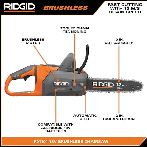 RIDGID R01101K 18V Brushless 12 in. Electric Battery Chainsaw with 6.0 Ah MAX Output Battery and Charger - 3