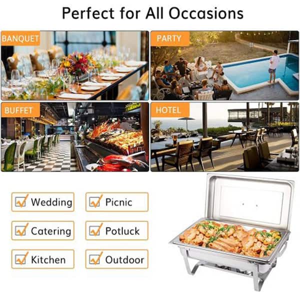 9 Qt., Grip Foldable Frame Silver Rectangular Full Size Stainless Steel Buffet Plates for Parties, Restaurants  4-Piece