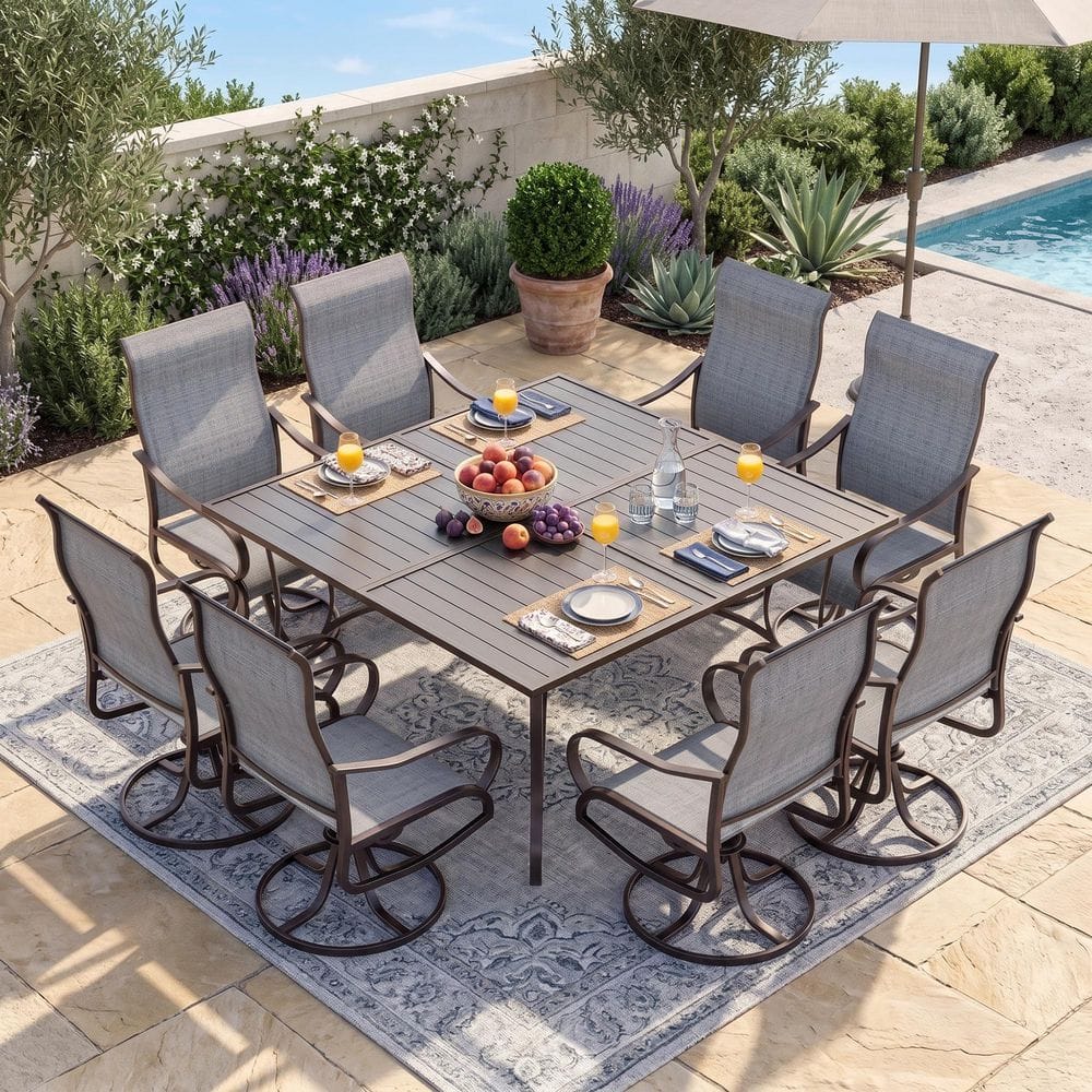 Black 9 Piece Textilene and Iron Metal Outdoor Dining Set, 8 Swivel Chairs and Square Dining Table price history on PriceWatchPro