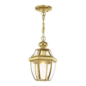 Aston 12.75 in. 1-Light Polished Brass Dimmable Outdoor Pendant Light with Clear Beveled Glass and No Bulbs Included