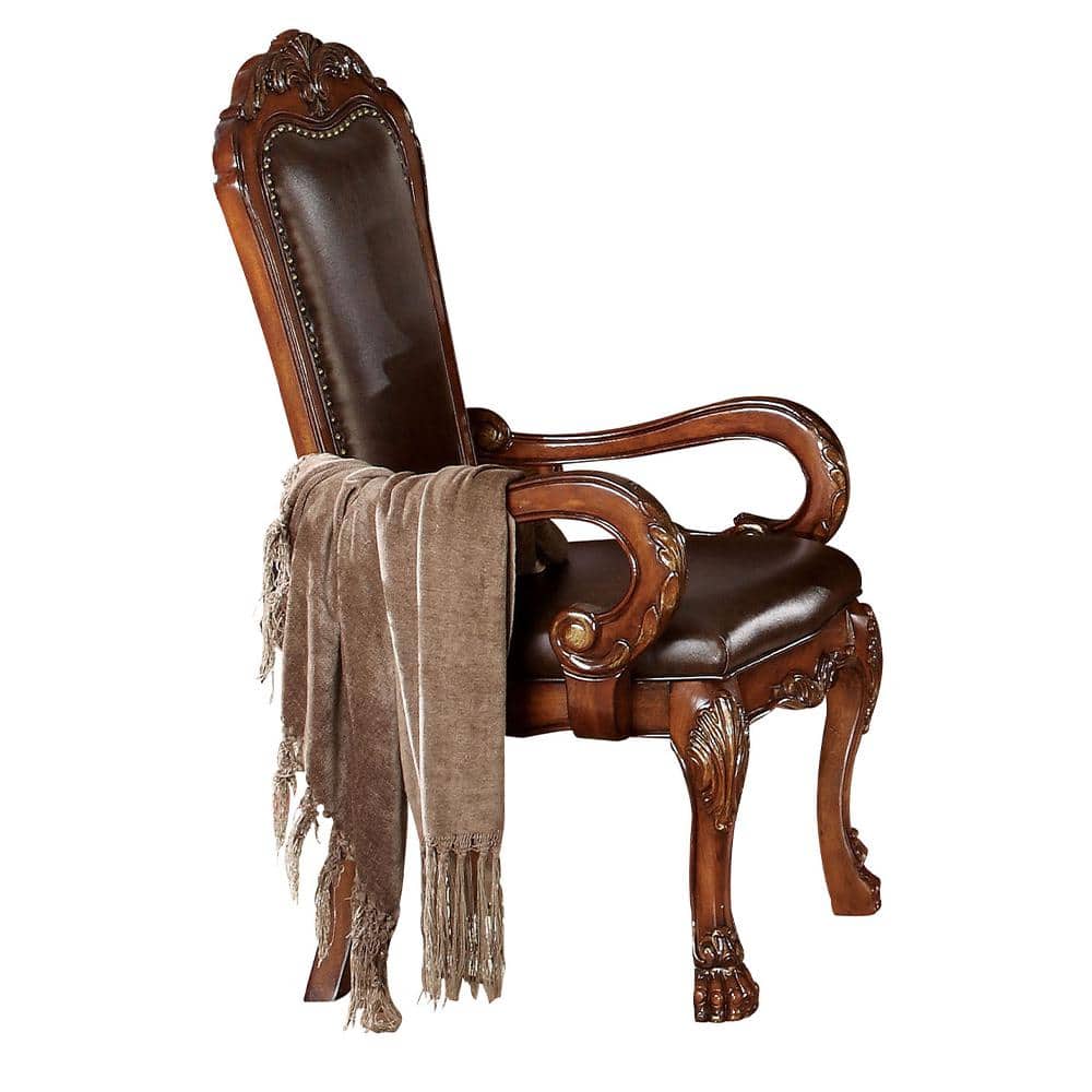 Dresden Elegance 25'' Gray Faux Leather and Wood Dining Arm Chair