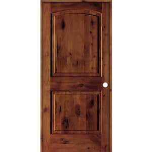 24 in. x 80 in. Knotty Alder 2-Panel Left-Handed Red Chestnut Stain Wood Single Prehung Interior Door with Arch Top