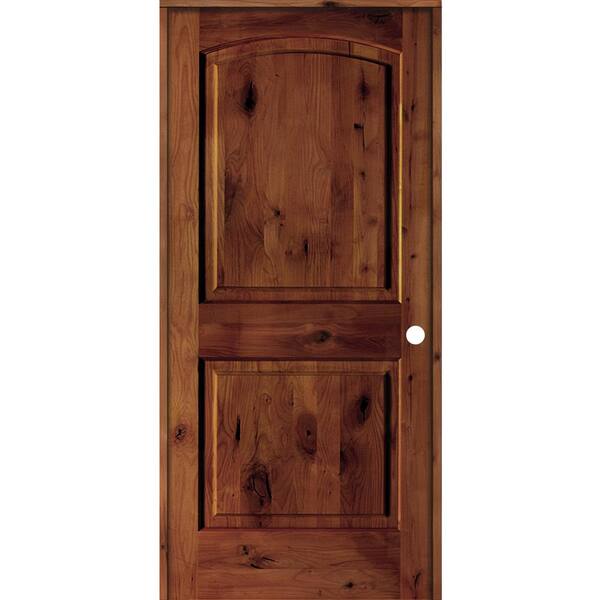 Krosswood Doors 28 in. x 80 in. Knotty Alder 2-Panel Left-Handed Red Chestnut Stain Wood Single Prehung Interior Door with Arch Top