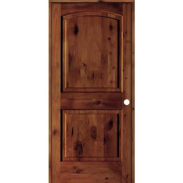 36 in. x 80 in. Knotty Alder 2-Panel Left-Handed Red Chestnut Stain Wood Single Prehung Interior Door with Arch Top