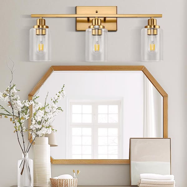 24 in. 3-Light Gold Vanity Light, Contemporary Bathroom Lighting with Frosted Glass Shades