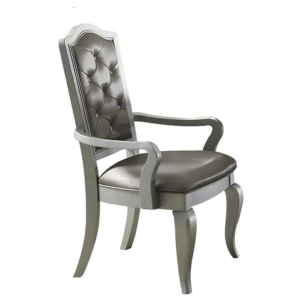 Gray Faux Leather and Wood Accent Chair with Tufted Back