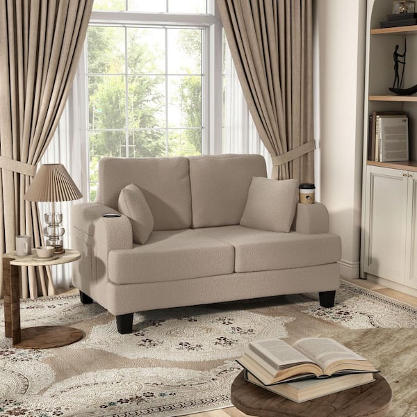 Colby 60 in. Beige Boucle Fabric 2-Seater Small Space Loveseat With Cupholders and Pockets