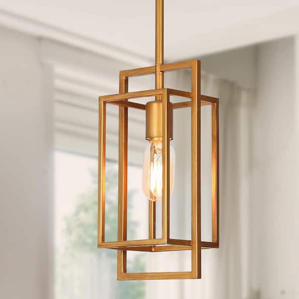 LNC 1-Light Vintage Brushed Gold Island Pendant Modern Geometric Cage Pendant Light Classic Antique Brass Foyer Light