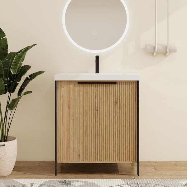 29.5 in. W x 19.7 in. D x 34.9 in. H Freestanding Bath Vanity in Beige with White Resin Vanity Top