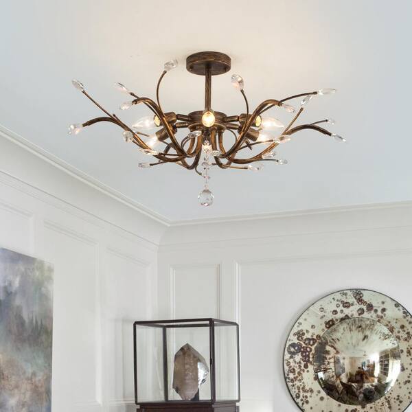 28.74 in. 6-Light Vintage Oil-Rubbed Bronze Sputnik Semi-Flush Mount Ceiling Light with Crystal Accents