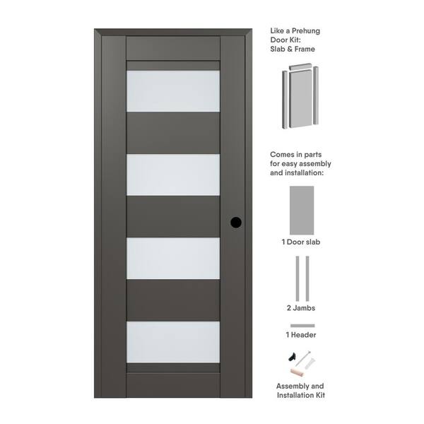 Della DIY-Friendly 36 in. x 96 in. Left-Hand 4-Lite Frosted Glass Gray Matte Composite Single Prehung Interior Door